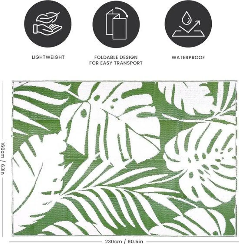 Tapis d'extérieur réversible 160 x 230 cm vert olive aux motifs feuilles