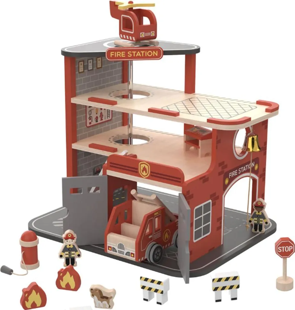 Jouet caserne de pompiers bois naturel - Garage de secours pour enfant