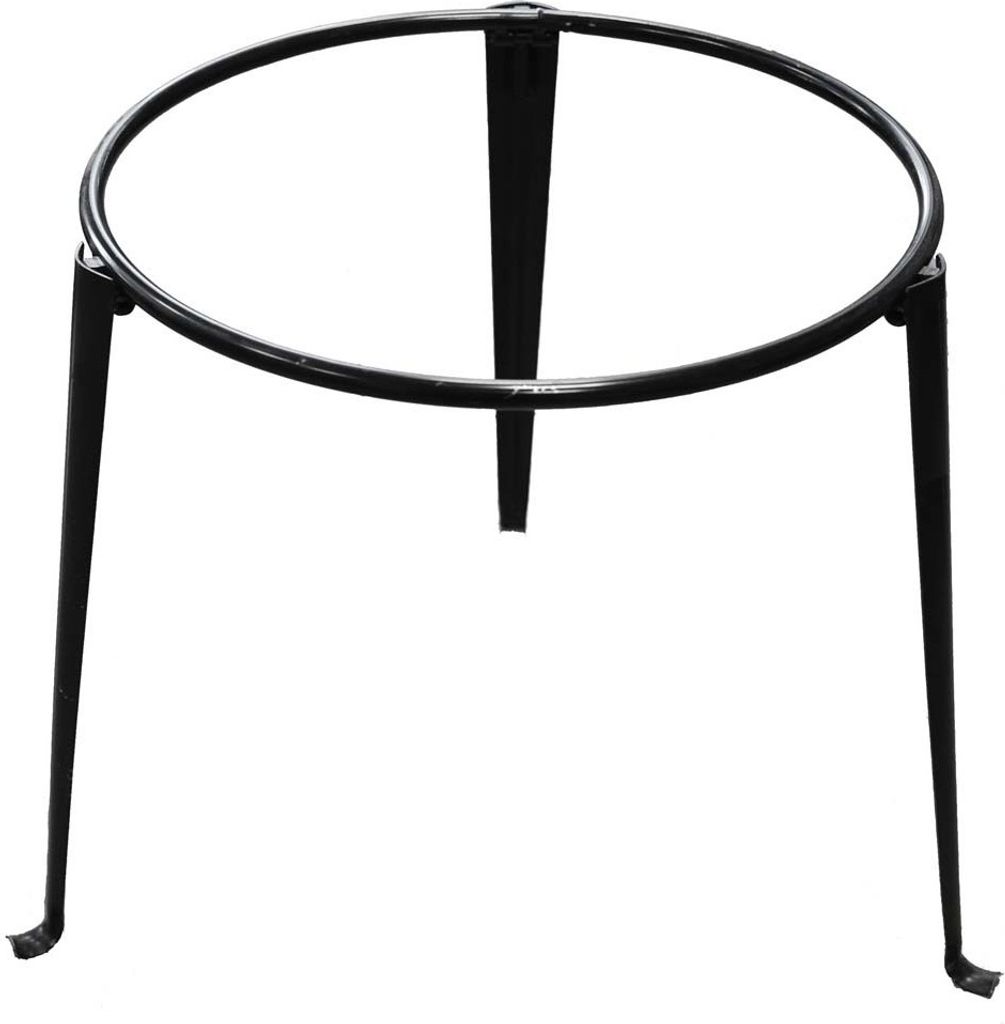 A black metal tripod stand for a kazan or pot.