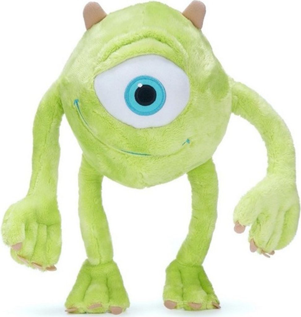 A plush toy of Mike Wazowski from Monsters, Inc. is shown against a white background.