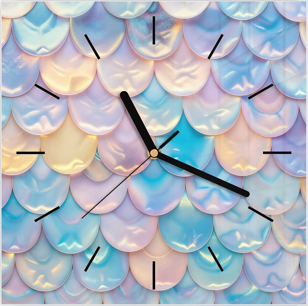 Wanduhr aus Glas mit Motiv Schuppen Mix Pastell- 30 x 30 cm - inkl. Aufhängesystem