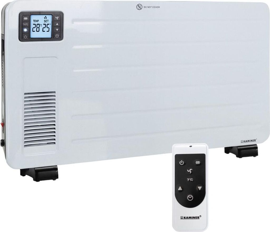 A white electric heater with a remote control.