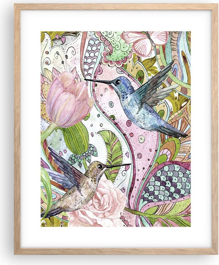 Gerahmtes Poster - Rahmen in heller Eiche - Vogel Schmetterling Blume - 40x50 cm - Wand Bild - Wanddeko - Wandbilder - Wandposter - Bilderrahmen - ...