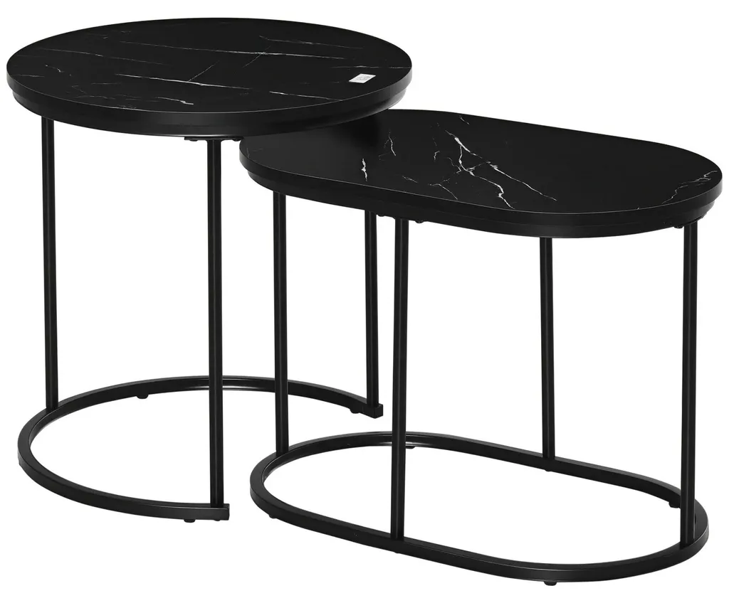 Lot de 2 tables basses gigognes aspect marbre noir et métal Ø50/Ø60 cm