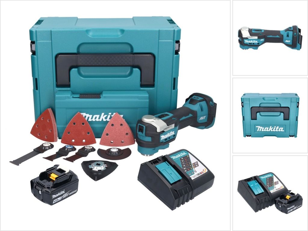 Makita DTM 52 RM1JX4 Akku Multifunktionswerkzeug 18 V Starlock Max Brushless + 1x Akku 4,0 Ah + Ladegerät + Zubehör Set + Makpac