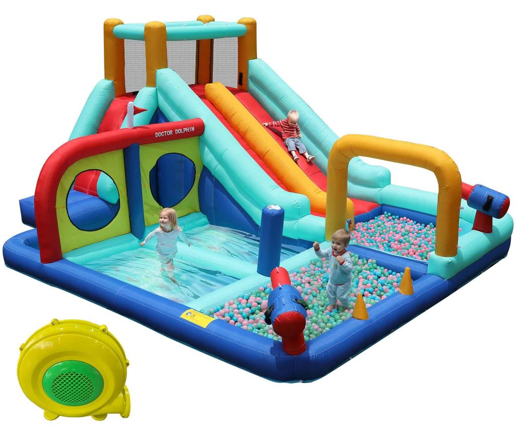 Zimilo Kinder Hüpfburg Wasserpark mit 450 W Gebläse, Doppelrutsche, Kletterwand, Wasserpistole, Springbrunnen, Boxpfosten, Oxford, nass und trocken