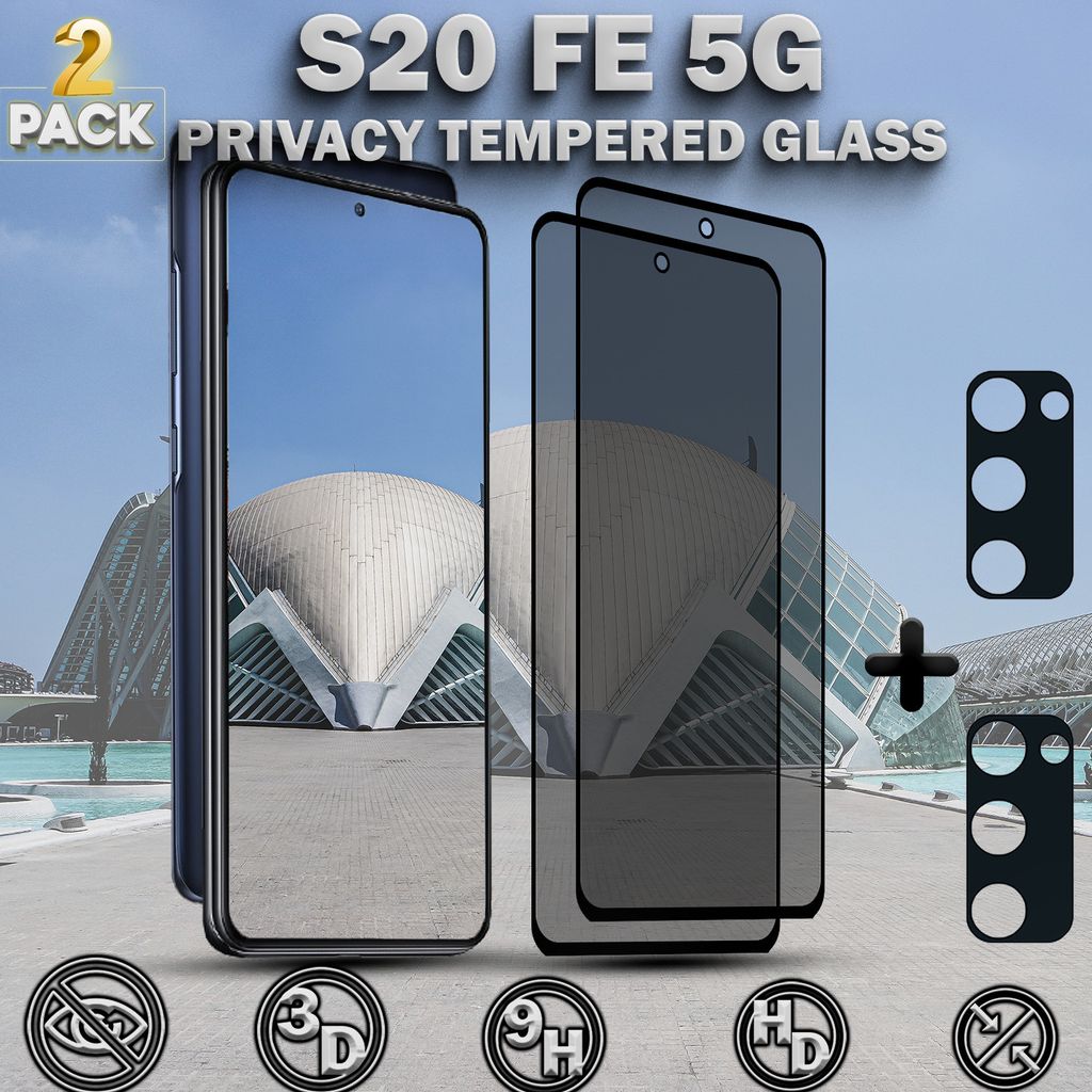 2-Pack Sichtschutz Schutzfolie SAMSUNG S20 FE 5G & 2-Pack Linsschutz - Gehärtetes Glas 9H - Premium 3D Qualität
