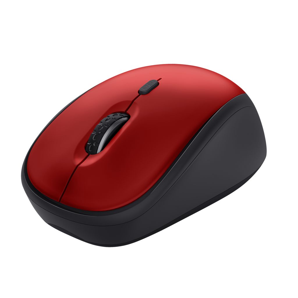 A red and black wireless mouse is shown against a white background.