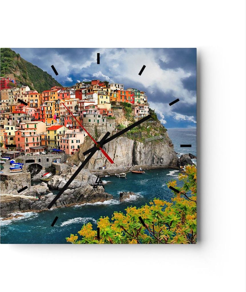 Wanduhr - Quadrat - Glasuhr - Italien küste felsen landschaft - 30x30cm - Schleichendes Uhrwerk - Lautlos - zum Aufhängen bereit - Dekoration Mod...