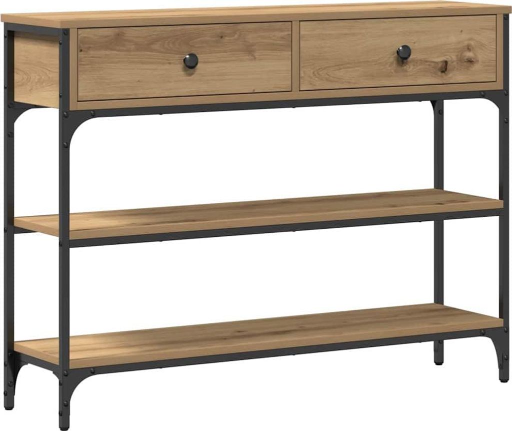 A console table with two drawers and two shelves, made of wood and metal.