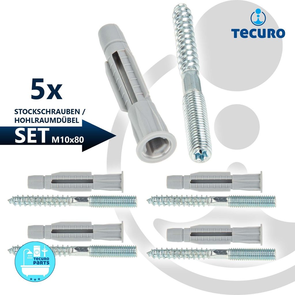 tecuro Stockschraube M 10 x 80mm, Stahl verz. mit Dübel 12,0 x 71mm - VPE 5 Stück