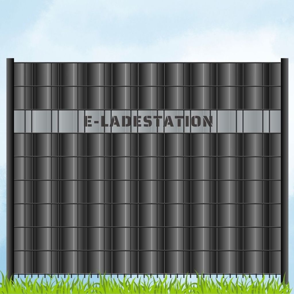 zaun|zu Sichtschutzstreifen mit Laser Beschriftung "E-LADESTATION" Doppelstab Fenstergrau 2,55m