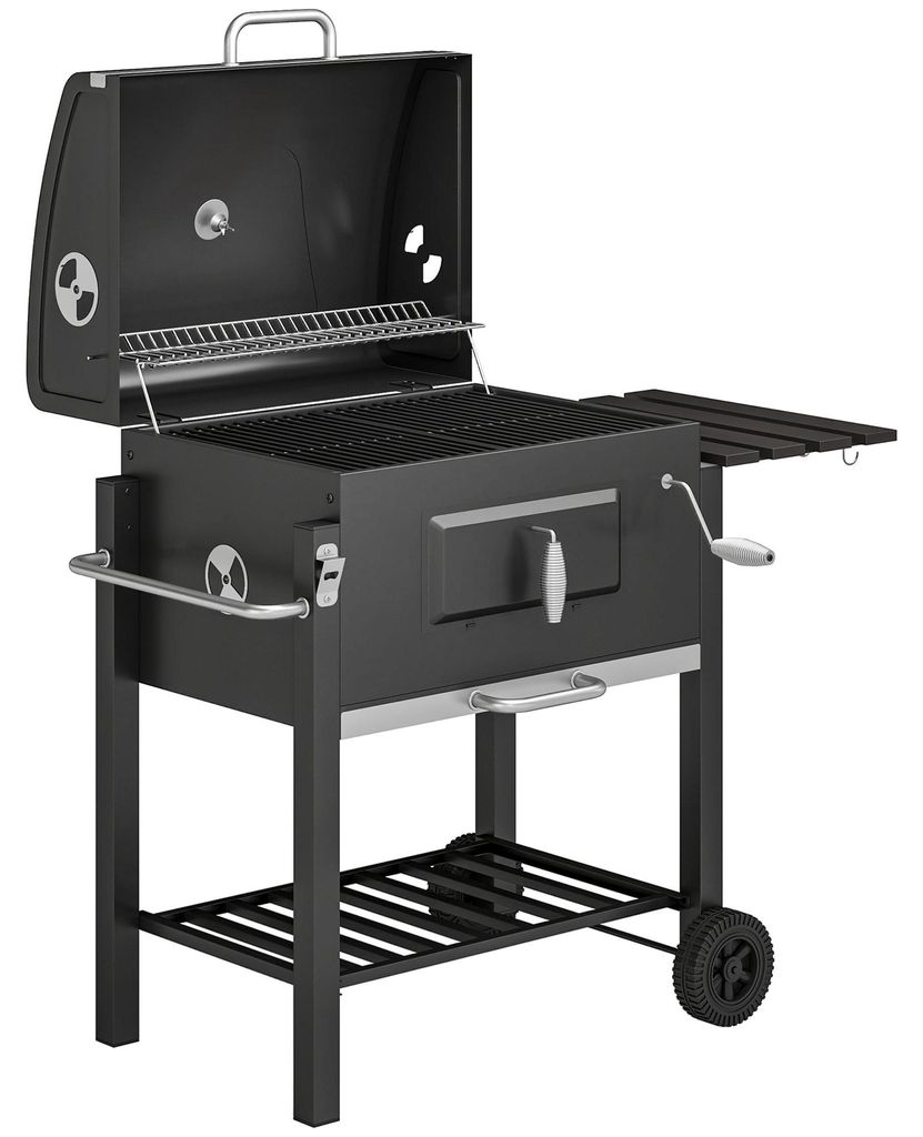 Holzkohlegrill Smoker BBQ-Smoker, 1 Ablage, 1 Handtuchhalter, 2 Grillroste, 113 cm x 65 cm x 108 cm, Schwarz