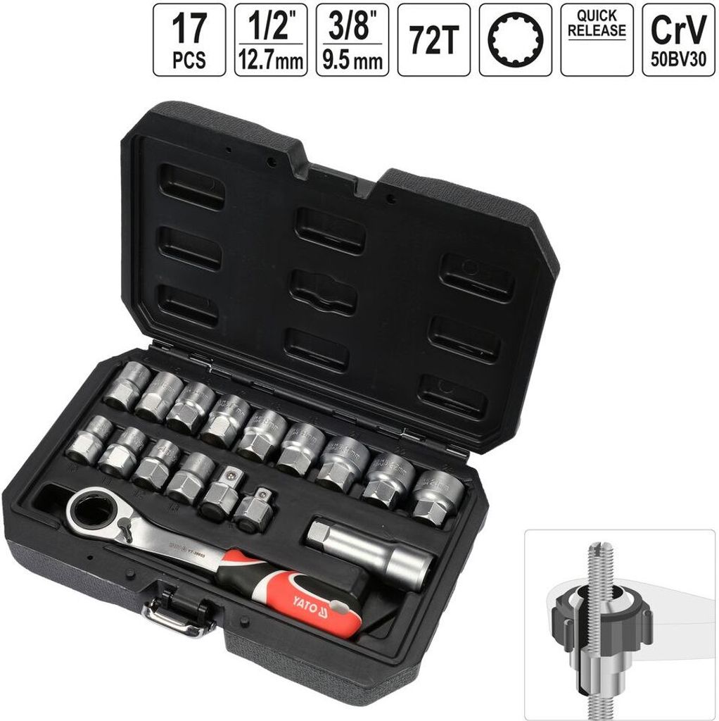 YATO YT-38653 - Steckschlüsselsatz (17-teilig, Schnellspanner, 1/2 Zoll, 3/8 Zoll), wendbar