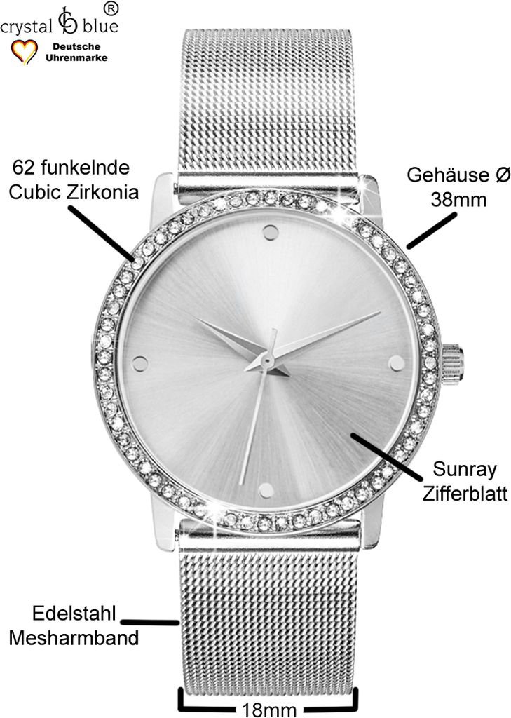 Damen Armbanduhr silber Zirkonia Edelstahl Milanaise Mesh Produktbild 3