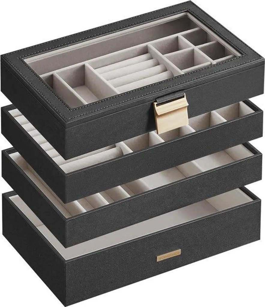 Boîte à bijoux 4 niveaux avec couvercle vitré et plateaux modulables
