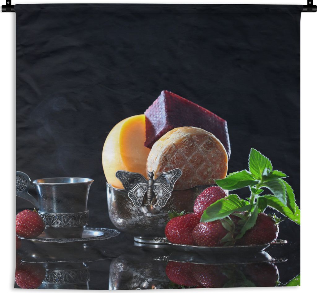MuchoWow Wandteppich Wandbehang Rustikal - Obst - Käse - Tisch - Stilleben 120x120 cm Tapisserie Dekoration Wandtuch - Modern - Baumwollgewebe