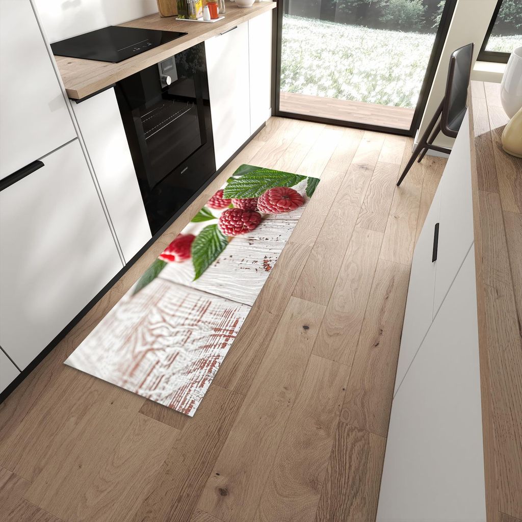 Küchenteppich 60x180cm rutschfest & abwischbar PVC Läufer - Himbeeren Holztisch