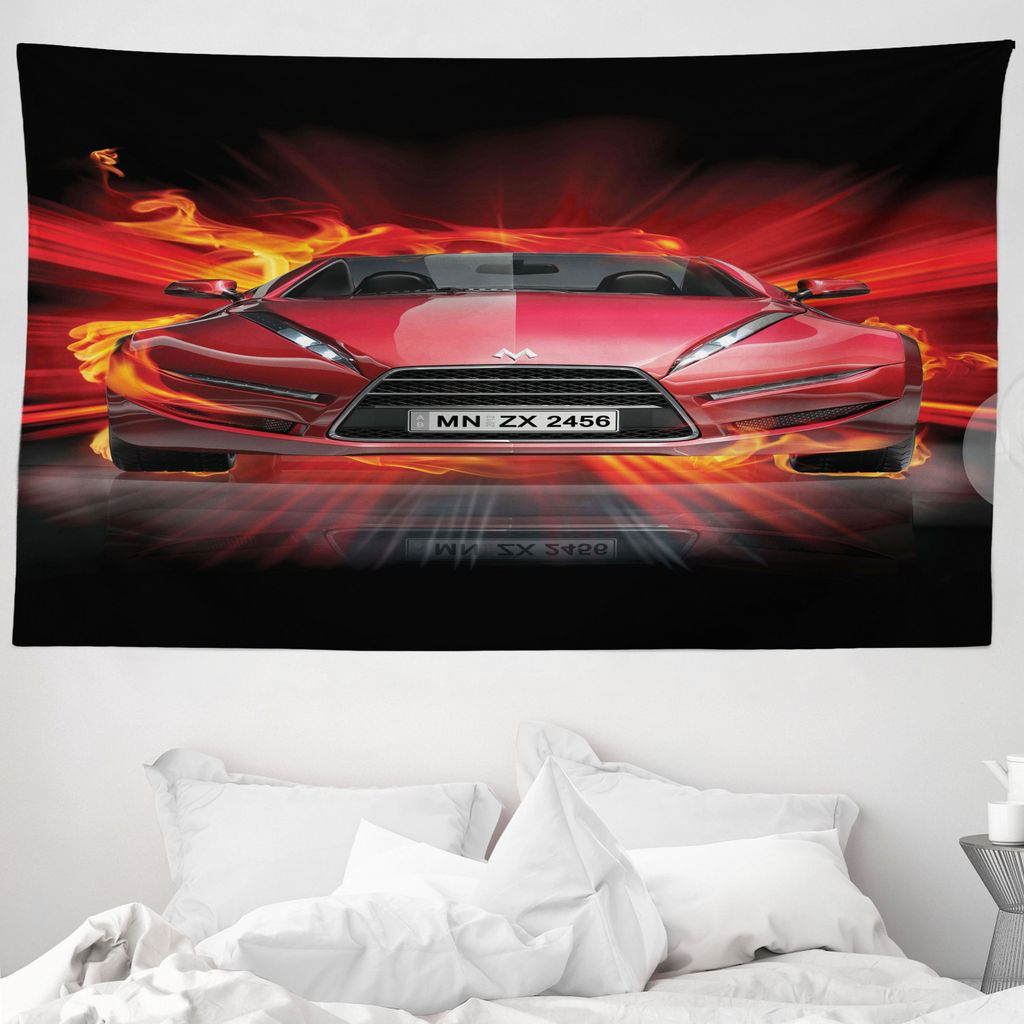 ABAKUHAUS Autos Wandteppich, Flammt Feuer Auto Speeding aus Weiches Mikrofaser Stoff Waschbar ohne Verblassen Digitaldruck, 230 x 140 cm, Rot Orang...