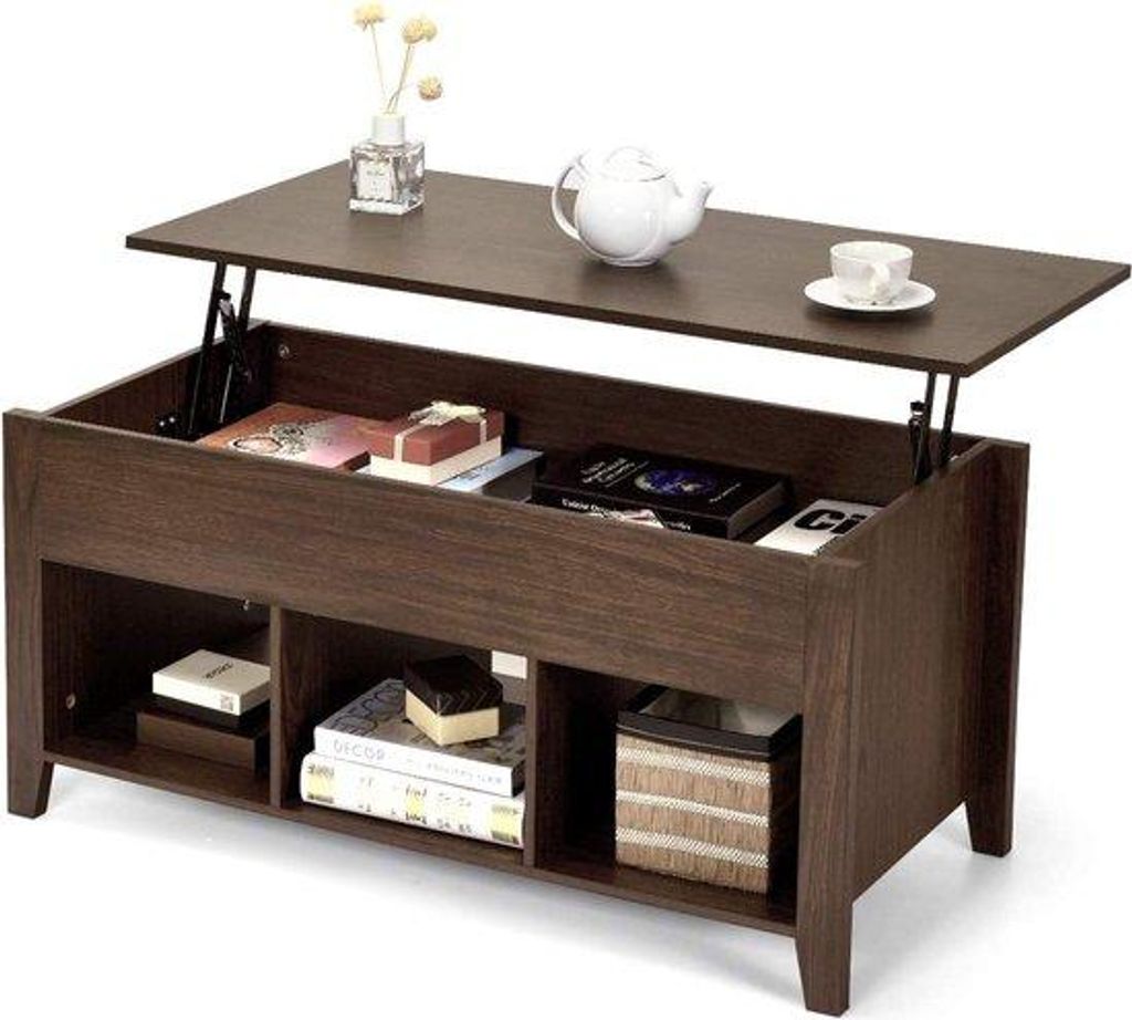 Cocktailtafel in Bruin, multifunktionell, mit verstellbarer Oberfläche & 3 offenen Platten