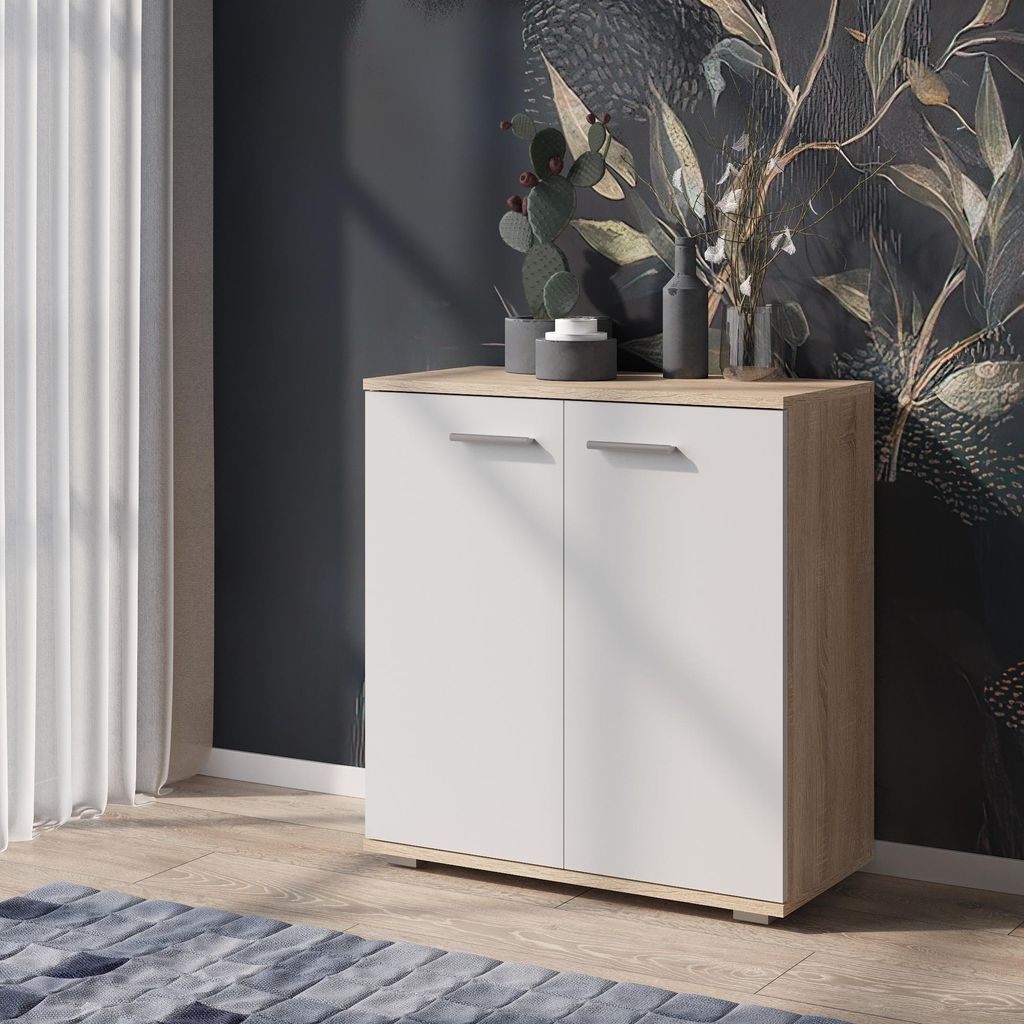 Kommode FAUSKE - Geräumig - 2-türig - Eiche Sonoma - Weiß - Breite 69 cm, Höhe 74 cm, Tiefe 34 cm