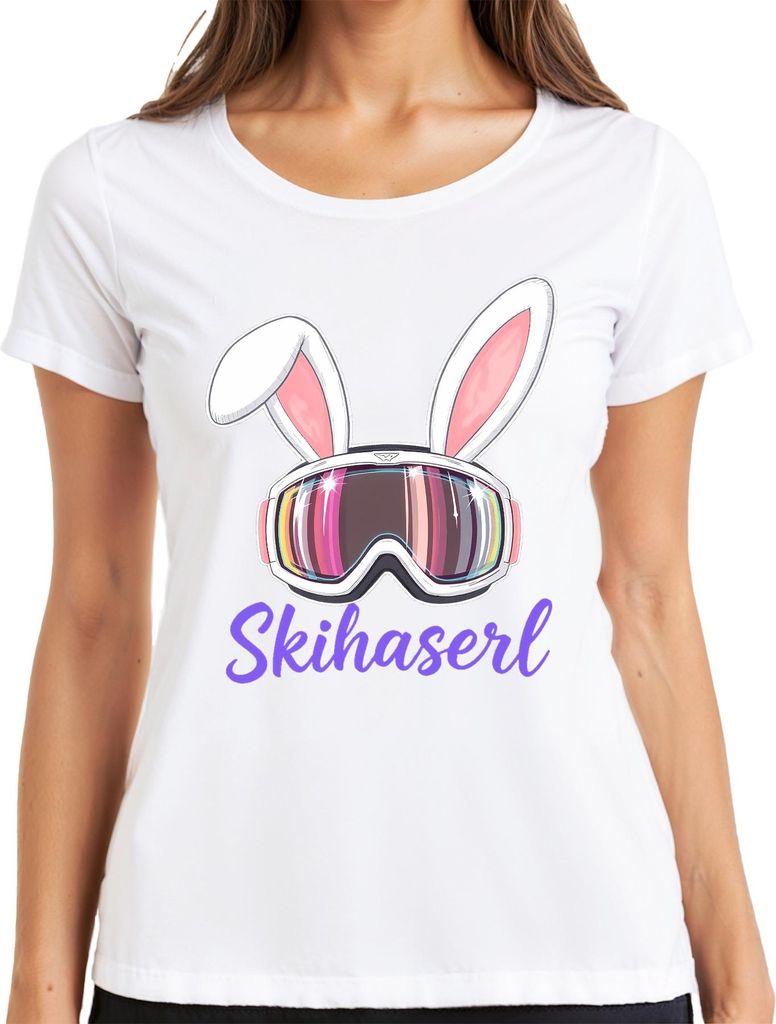 Skihaserl Skifahren Skibrille Bunny Lustig Fasching Karneval Damen T-Shirt, Weiß, M