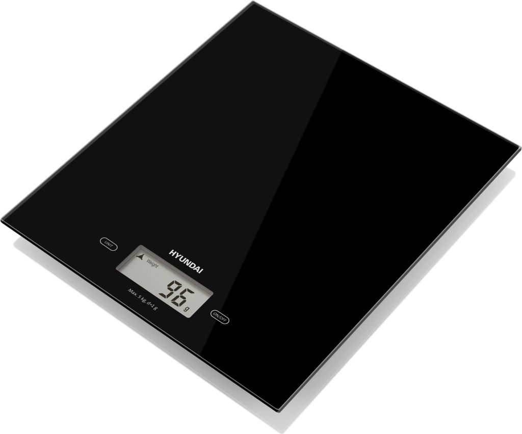 A black digital kitchen scale is shown from a slightly elevated angle on a white background.