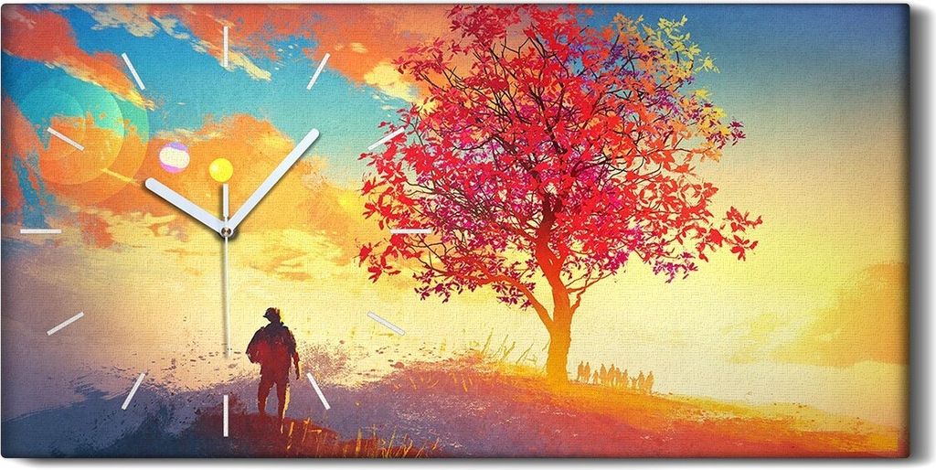 Küchenuhr Bürouhr Leinwand Uhr 60x30 Herbst Landschaft Einzelbaum am Berg - weiße Hände