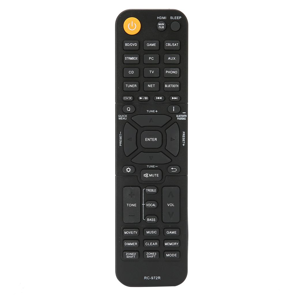 A black remote control with orange power button is shown against a white background.