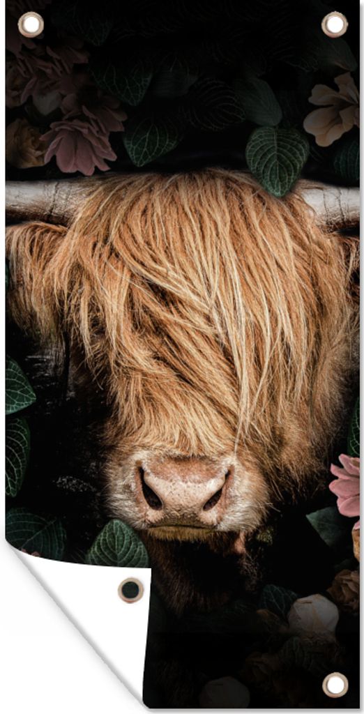 MuchoWow 40x80 cm Outdoor-Poster Gartendeko Sichtschutz Garten Poster für den Garten Schottischer Highlander - Kuh - Blätter
