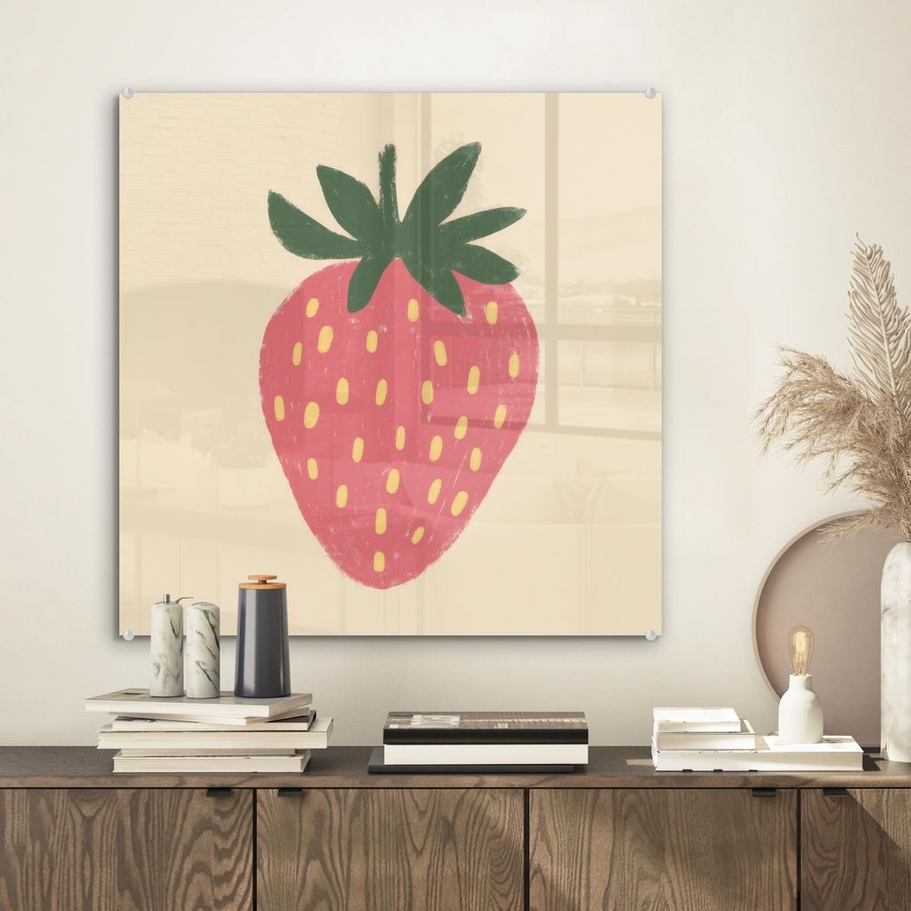MuchoWow Glasbilder - Bilder auf Wandbild - Foto auf Glas Erdbeere - Minimalistisch - Rot - Obst 50x50 cm Wanddekoration aus Glas - Acrylglasbild -...
