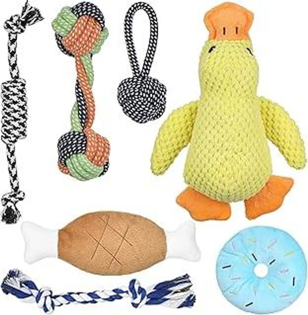 Set 7 Giochi per Cuccioli: Peluche Squeaker e Corde per Cani Piccoli