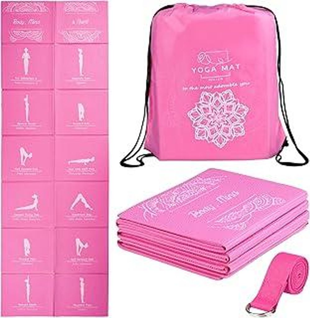 Faltbare Yogamatte für Frauen, rutschfeste Übungsmatte für Home Gym, Reise Yoga Set mit Stretch Strap für Yoga Pilates und Fitness, 173 x 61cmx...