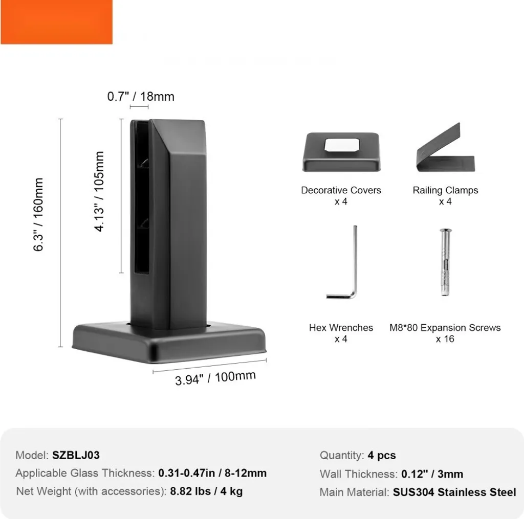 Fixation Verre Noire de 8-12mm - Solution pour Garde-corps de Balcon