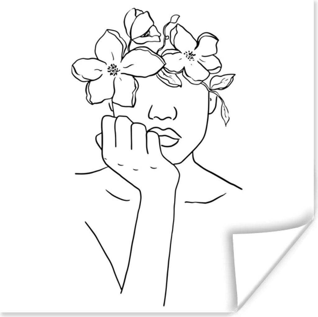 MuchoWow Poster Abstrakte Strichgrafik einer Frau mit Blumen in ihrem Haar Quadrat 100x100 cm - Babyzimmer
