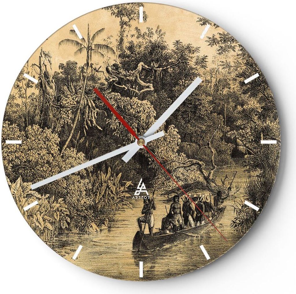 Wanduhr - Rund - Glasuhr - Dschungel Eingeborene Fluss - 40x40cm - Schleichendes Uhrwerk - Lautlos - zum Aufhängen bereit - Dekoration Modern - Wa...