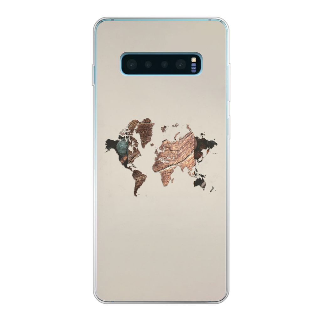 MuchoWow Handyhülle Schutzhülle Hülle für Samsung Galaxy S10 Lite Weltkarte - Holz - Braun Silikon Softcase Handy Hülle - Schutz