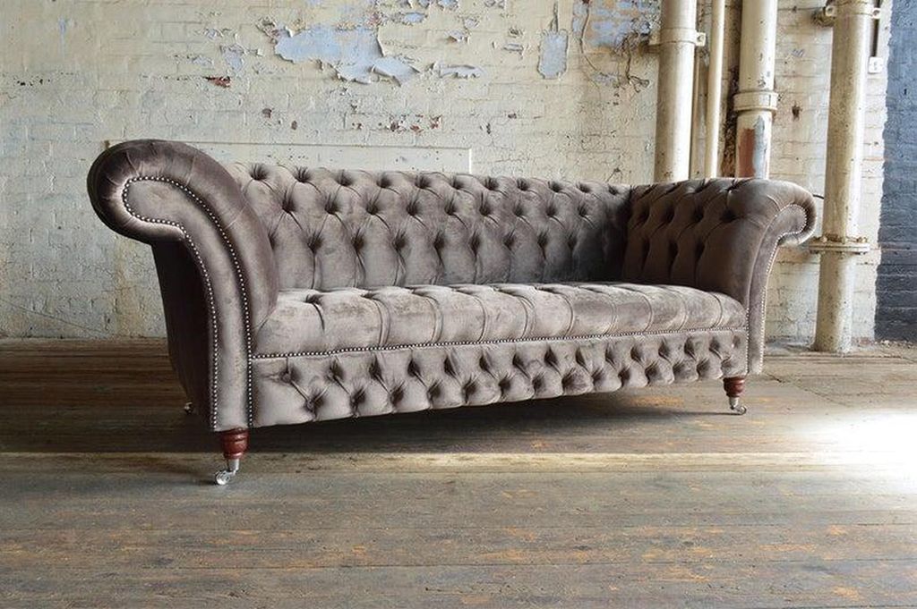 Sofa Luxus Textil Chesterfield Couch Sofas Polster 3 Sitzer Garnitur Grau Samt