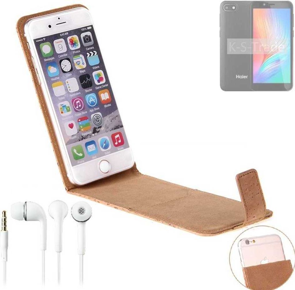 K-S-Trade Schutzhülle mit Kopfhörer kompatibel mit Haier Alpha A2 Lite Handyhülle Cover Kork Tasche Flipstyle Case