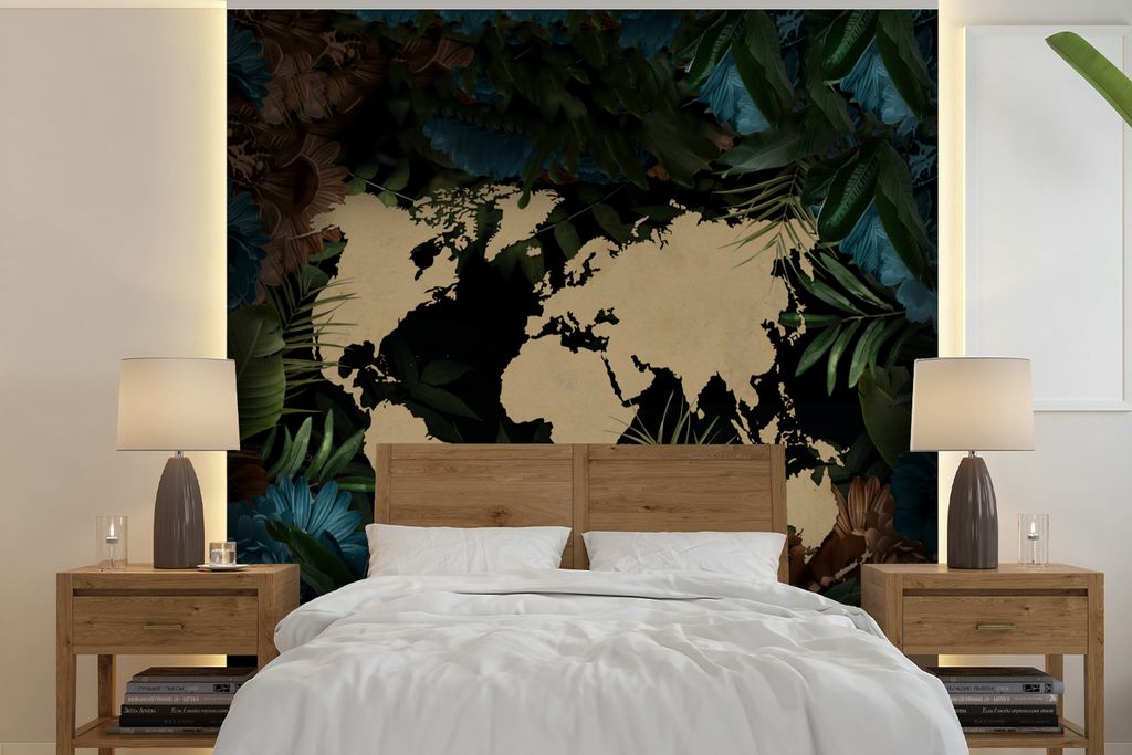 MuchoWow Fototapete für Wohnzimmer oder Schlafzimmer Wandtapete Vinyl Motivtapete Weltkarte - Blumen - Blau - 300x300 cm - Wanddekoration