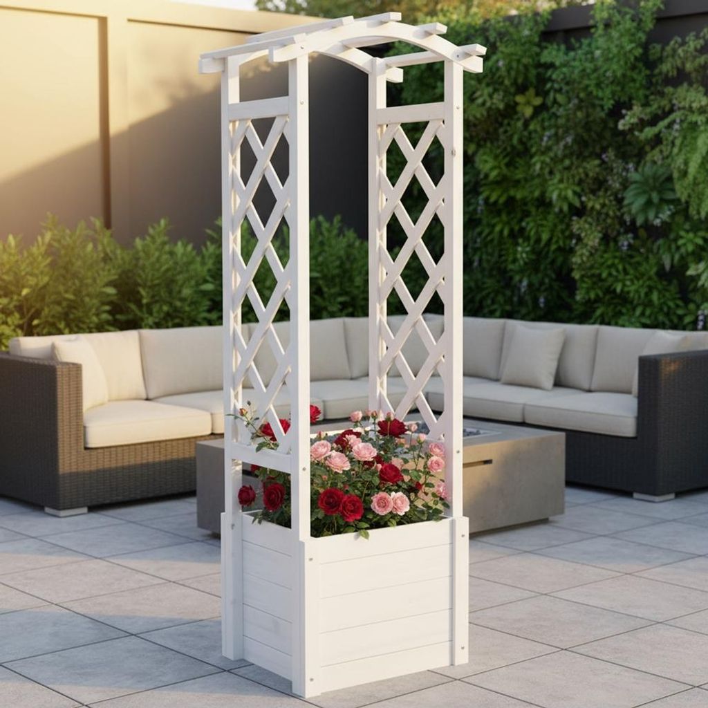 Mucola Rosenbogen mit Pflanzkasten Rankgitter Rosensäule Holz Rankgestell Spalier Pergola Rankhilfe Rosensäule - Weiß