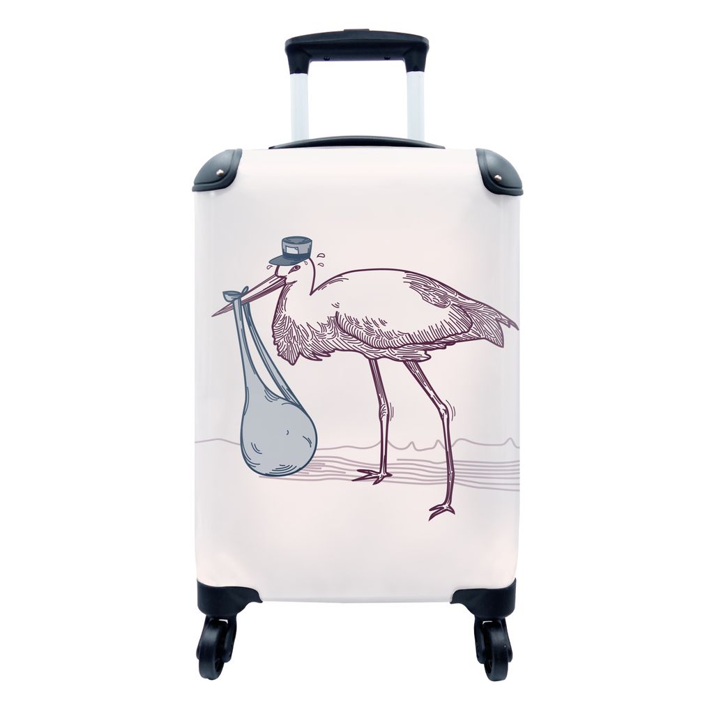 MuchoWow Koffer Handgepäck Trolley Rollkoffer Kleine Reisekoffer mit 4 Rollen - Kindheitsillustration eines Storchs mit einem Baby - Cabin Size ...
