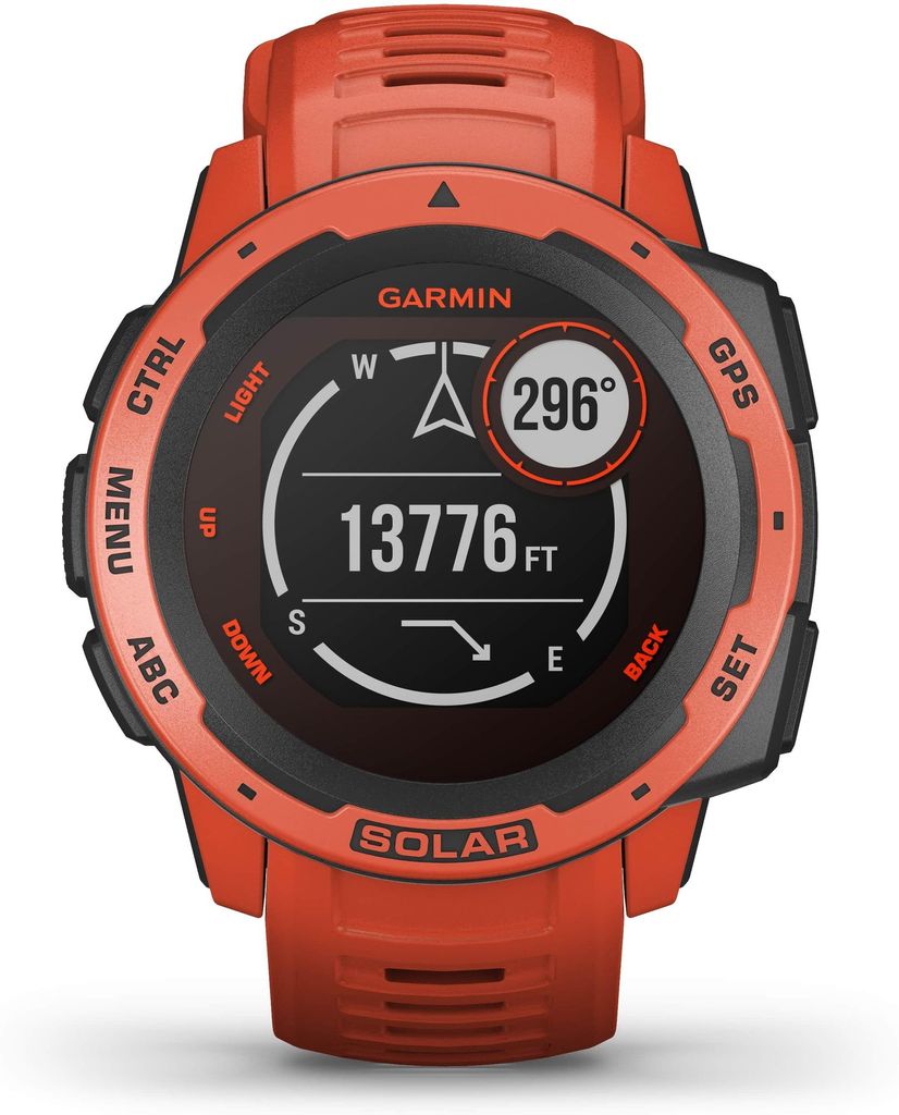 A close-up, front-facing studio shot of an orange Garmin Instinct Solar watch.