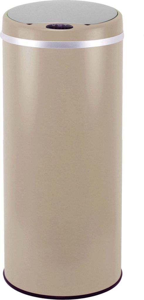 A tall, cylindrical kitchen trash can with a silver lid and a silver band around the top.