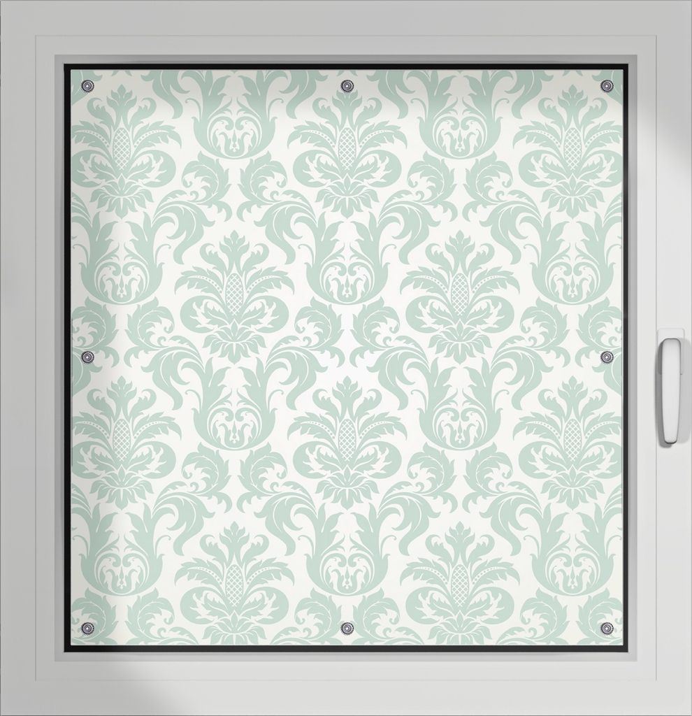 Wallario Lichtschutzbild, Dekorativer Sichtschutz Sonnenschutz 96 x 100 cm mit Motiv: Königliche Schnörkelei in weiß und grün - Verdunklung ohn...