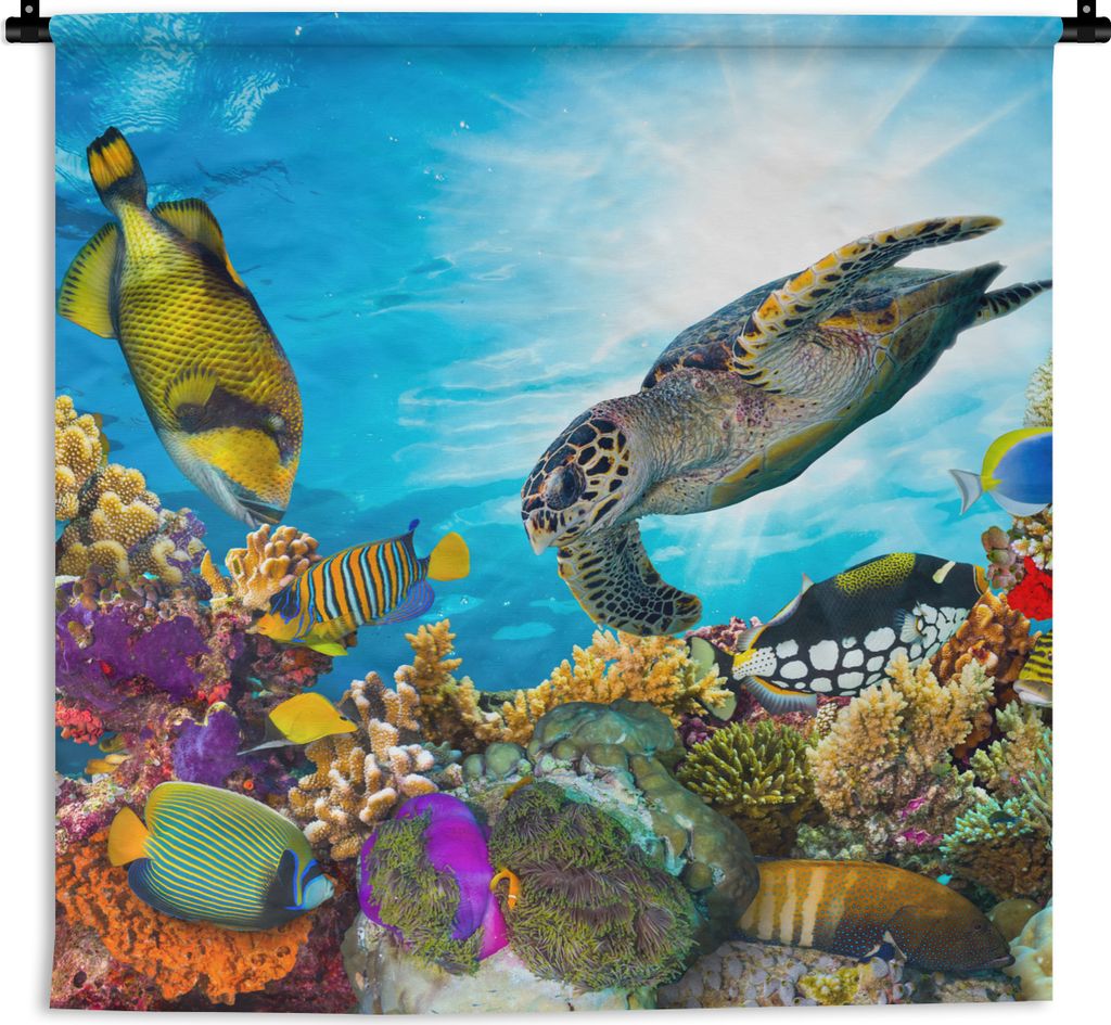 MuchoWow Wandteppich Wandbehang Schildkröte - Meer - Koralle 150x150 cm Tapisserie Dekoration Wandtuch - Wohnaccessoires - Modernes