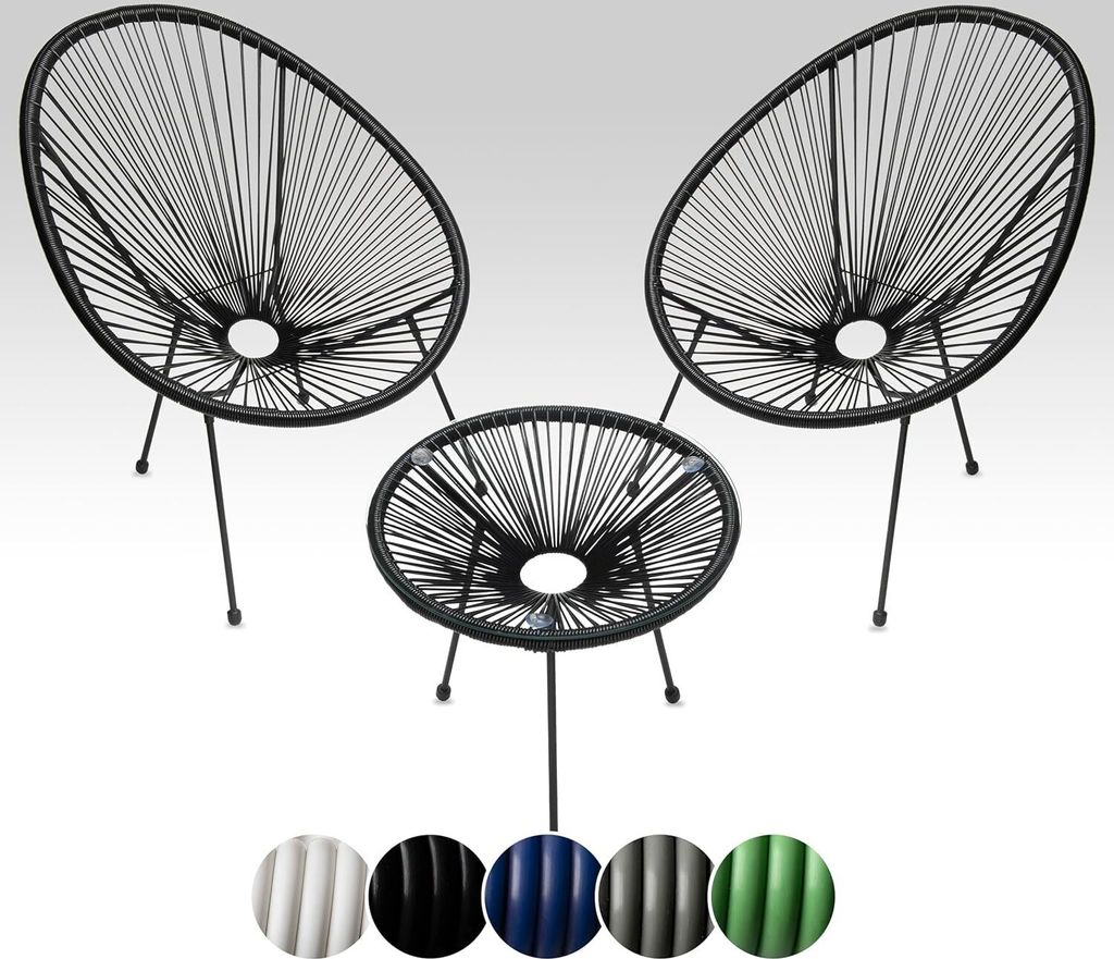 sunnypillow 2er Set Acapulco Gartenstühle mit Tisch | Loungesessel für Wohnzimmer, Terrasse, Garten, Balkon Sessel Stuhl | Schwarz