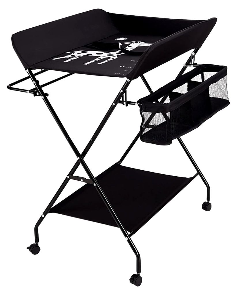 Baby Wickeltisch, Mobiler Klappbar Wickeltisch mit Stauraum, Höhenverstellbare Wickelkommode mit Rollen und Sicherheitsgurt Reisewickelkommode fü...