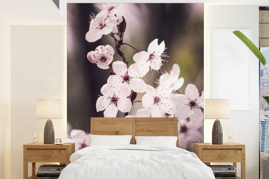 MuchoWow Fototapete für Wohnzimmer oder Schlafzimmer Wandtapete Vinyl Motivtapete Blumen - Weiß - Natur - Pflanze - Blüte - 165x220 cm - Wandd...