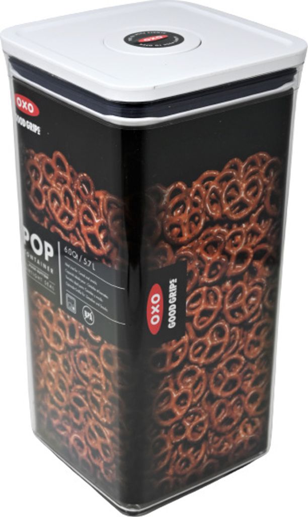 A clear, professional shot of an OXO Good Grips POP container filled with pretzels, set against a white background.
